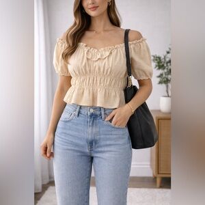 Good Neighbour - Aaron & Amber Tan and Cream Puff Sleeve Crop Blouse